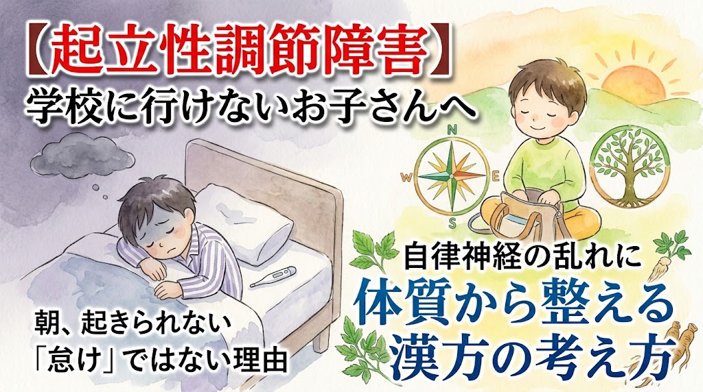 水彩画タッチのイラスト。左側には暗い部屋のベッドで横たわり、朝起きられずに辛そうな男の子が描かれています。右側には、リュックを前に置いて笑顔で座る男の子と、自律神経のバランスを象徴するような羅針盤や木が明るく描かれています。画像には「【起立性調節障害】学校に行けないお子さんへ 朝、起きられない『怠け』ではない理由 体質から整える漢方の考え方」という文字が配置されています。