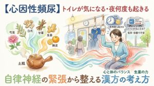 水彩画風のサムネイル。「【心因性頻尿】トイレが気になる・夜何度も起きる 自律神経の緊張から整える漢方の考え方」というテキスト。電車の中で下腹部を押さえ、トイレが気になり不安そうな表情をしている女性のイラスト。周囲には、夜中に起きてしまうことを示す時計のアイコンや、次の駅のトイレを示す案内標識が描かれている。左側には漢方薬を煮出す土瓶があり、芍薬、白朮、甘草、生姜などの生薬のイラストとともに、心と体のバランスを整えるような色鮮やかな湯気が女性へと向かって流れている。