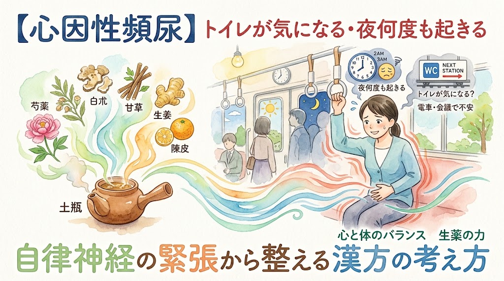 水彩画風のサムネイル。「【心因性頻尿】トイレが気になる・夜何度も起きる 自律神経の緊張から整える漢方の考え方」というテキスト。電車の中で下腹部を押さえ、トイレが気になり不安そうな表情をしている女性のイラスト。周囲には、夜中に起きてしまうことを示す時計のアイコンや、次の駅のトイレを示す案内標識が描かれている。左側には漢方薬を煮出す土瓶があり、芍薬、白朮、甘草、生姜などの生薬のイラストとともに、心と体のバランスを整えるような色鮮やかな湯気が女性へと向かって流れている。