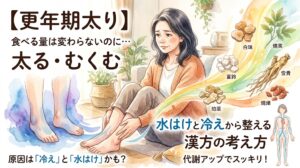 「【更年期太り】食べる量は変わらないのに… 太る・むくむ 水はけと冷えから整える漢方の考え方」というタイトル文字。むくんだ足元をさすりながら悩む女性を中心に、冷えた足のイメージ図、体内の水巡りを示す人体図、そして当帰などの様々な漢方生薬が水彩画風の優しいタッチで描かれています。
