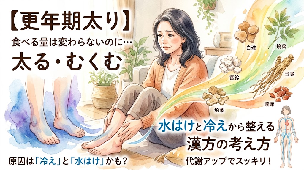 「【更年期太り】食べる量は変わらないのに… 太る・むくむ 水はけと冷えから整える漢方の考え方」というタイトル文字。むくんだ足元をさすりながら悩む女性を中心に、冷えた足のイメージ図、体内の水巡りを示す人体図、そして当帰などの様々な漢方生薬が水彩画風の優しいタッチで描かれています。