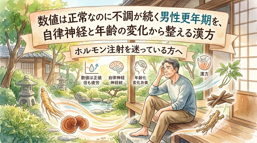 「数値は正常なのに不調が続く男性更年期を、自律神経と年齢の変化から整える漢方（ホルモン注射を迷っている方へ）」のサムネイル画像。縁側で不調に悩む中年男性と、自律神経や疲労を示すアイコン、漢方生薬が水彩画で描かれています。