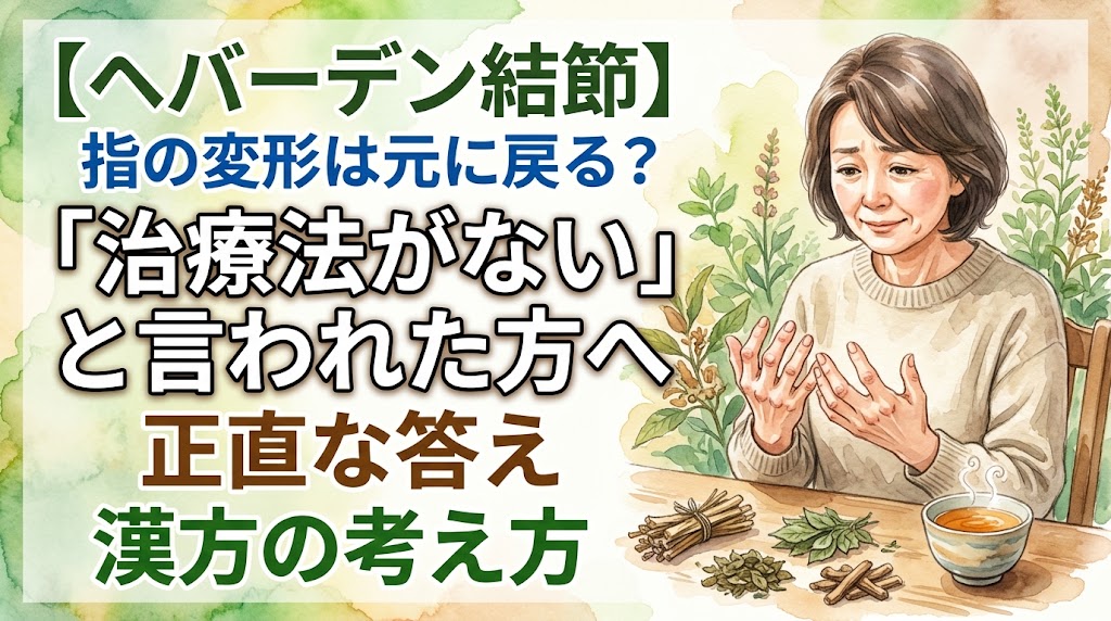 水彩画風のイラスト。緑のハーブ園を背景に、テーブルに座った中年女性が、ヘバーデン結節で変形した自分の指先を不安げに見つめている。テーブルの上には、様々な生薬の束と、湯気の立つ漢方薬が入ったカップが置かれている。右上のテキスト「【ヘバーデン結節】」と「指の変形は元に戻る?」の下に、大きなテキスト「「治療法がない」と言われた方へ」。その下に「正直な答え」と「漢方の考え方」のテキストが続く。ヘバーデン結節の治療と漢方のアプローチについて説明するサムネイル。