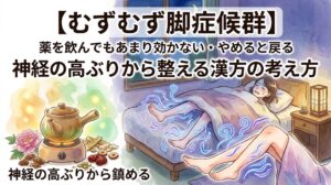水彩画風のサムネイル。「【むずむず脚症候群】薬を飲んでもあまり効かない・やめると戻る 神経の高ぶりから整える漢方の考え方」というテキスト。夜、ベッドで脚の不快感に悩まされて眠れない女性のイラスト。脚には神経の高ぶりを表す青い波線が描かれている。左下には火にかけられた漢方薬の土瓶と生薬が配置されている。
