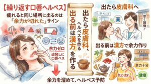水彩画風イラスト。左側には口唇ヘルペスができて辛そうな女性と、空になったバッテリーのアイコン。「余力ゼロ」のテキスト。右側は上下に分かれ、上段は「出たら皮膚科へ」として白衣の医師から薬の処方を受ける様子。下段は「出る前は漢方で余力作り」として笑顔で漢方茶を飲む女性と高麗人参やナツメなどの生薬が描かれている。中央には「出たら皮膚科、出る前は漢方を作る」と書かれた巻物があり、予防と治療の使い分けを解説している。