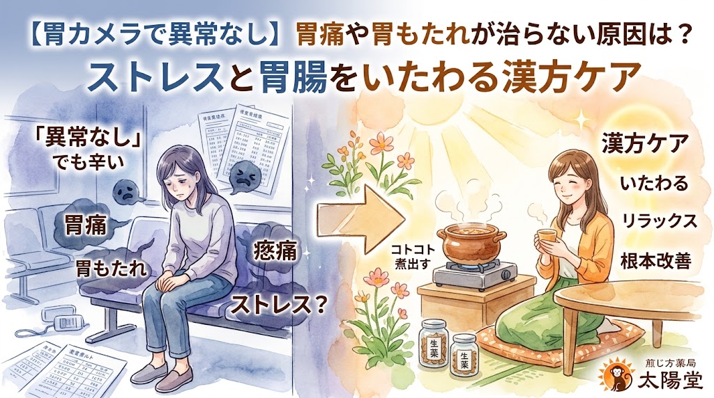 「水彩画風の健康情報サムネイル。上部には『【胃カメラで異常なし】胃痛や胃もたれが治らない原因は？ストレスと胃腸をいたわる漢方ケア』というテキストが大きく配置されている。画像は左右で対比になっており、左側は青暗い色調で、病院の待合室のような場所で胃痛や胃もたれ、ストレスに悩みうつむく女性が描かれている。右側は温かく明るい色調で、土鍋でコトコト煮出した漢方（煎じ薬）を飲みながら、女性がリラックスして笑顔を取り戻している様子が描かれている。右下には『太陽堂』のロゴが配置されている。」