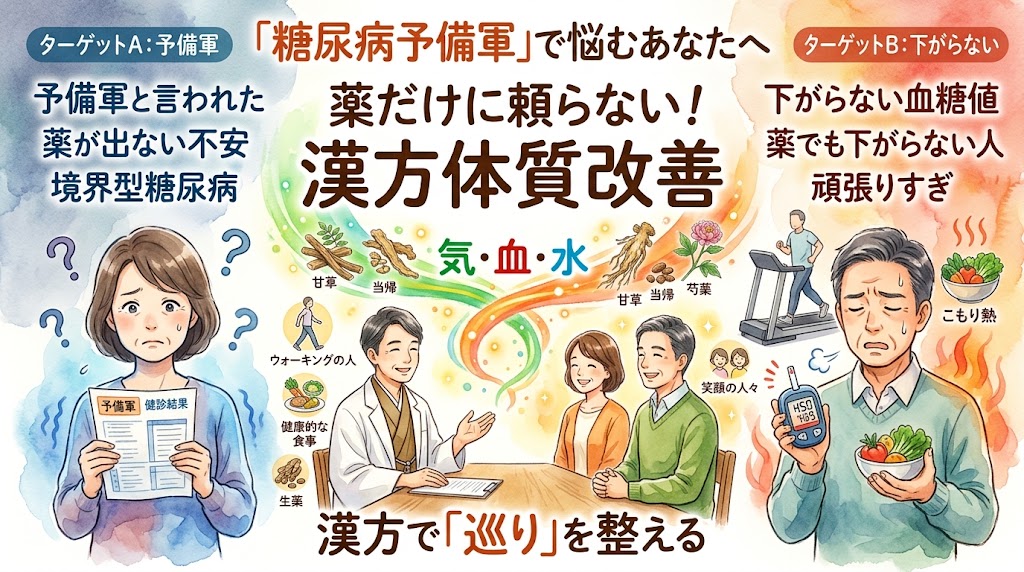 糖尿病予備軍や血糖値が下がらない悩みに漢方でアプローチする動画のサムネイル画像。左側には健診結果を見て不安そうな女性、右側には運動しても血糖値が下がらず「こもり熱」で汗をかく男性が描かれています。中央では医師と女性が笑顔で相談しており、その周りに「気・血・水」の巡りを表す図や生薬、ウォーキングや健康的な食事のイラストが散りばめられています。「『糖尿病予備軍』で悩むあなたへ」「薬だけに頼らない!漢方体質改善」「漢方で『巡り』を整える」などのテキストが配置された、温かみのある水彩画タッチの画像です。