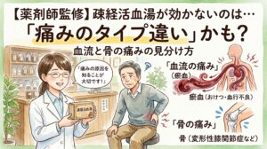 「【薬剤師監修】疎経活血湯が効かないのは…『痛みのタイプ違い』かも? 血流と骨の痛みの見分け方」というタイトルのYouTubeサムネイル画像。薬局で薬剤師の女性が「疎経活血湯」のパッケージを手に持ち「痛みの原因を知ることが大切です!」とアドバイスしている。隣には腰や膝を押さえて痛そうにしている男性のイラスト。右側には「血流の痛み(瘀血・血行不良)」を示す血管の図と、「骨の痛み(変形性膝関節症など)」を示す膝関節の図が描かれている。全体的に温かみのある水彩画風のタッチ。