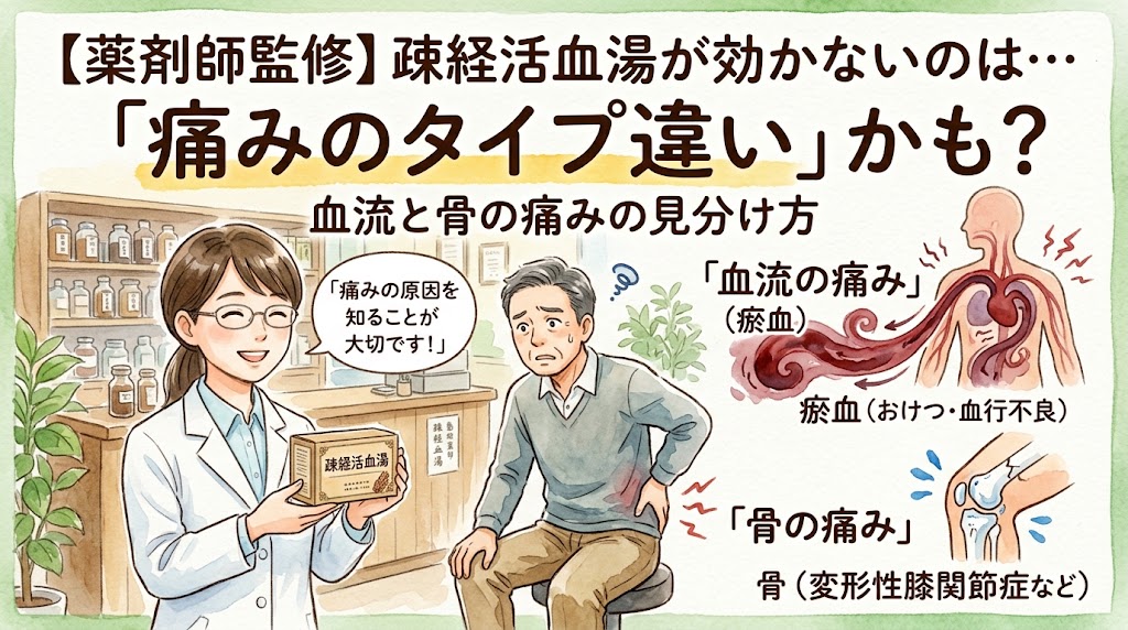 「【薬剤師監修】疎経活血湯が効かないのは…『痛みのタイプ違い』かも? 血流と骨の痛みの見分け方」というタイトルのYouTubeサムネイル画像。薬局で薬剤師の女性が「疎経活血湯」のパッケージを手に持ち「痛みの原因を知ることが大切です!」とアドバイスしている。隣には腰や膝を押さえて痛そうにしている男性のイラスト。右側には「血流の痛み(瘀血・血行不良)」を示す血管の図と、「骨の痛み(変形性膝関節症など)」を示す膝関節の図が描かれている。全体的に温かみのある水彩画風のタッチ。