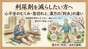 「利尿剤を減らしたい方へ 心不全のむくみ・息切れと、漢方の『利水』の違い」のサムネイル画像。息切れをして座り込む男性と、漢方の力で自然な水の循環を取り戻し笑顔で歩く男性の対比が、水彩画で描かれています。
