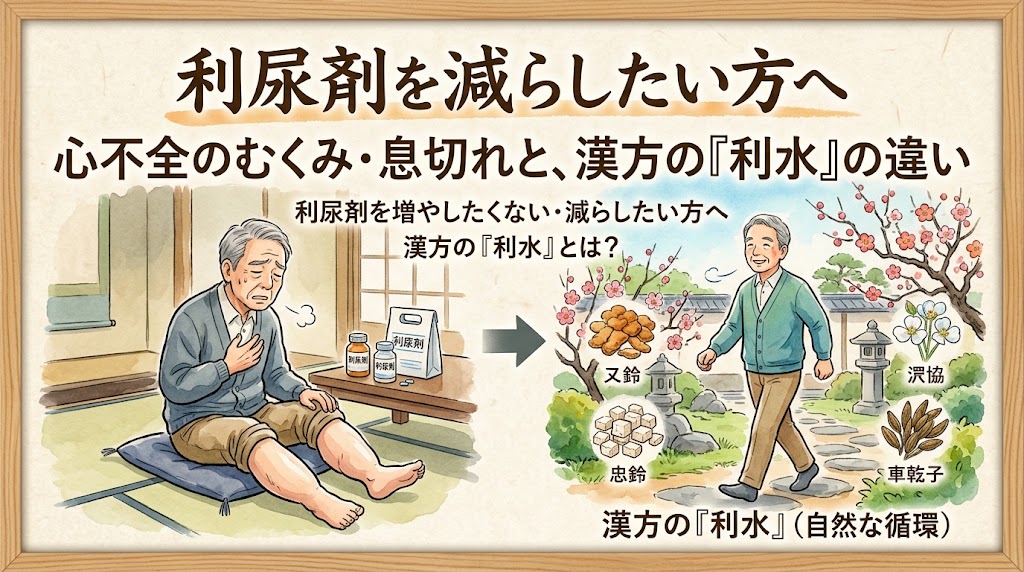 「利尿剤を減らしたい方へ 心不全のむくみ・息切れと、漢方の『利水』の違い」のサムネイル画像。息切れをして座り込む男性と、漢方の力で自然な水の循環を取り戻し笑顔で歩く男性の対比が、水彩画で描かれています。