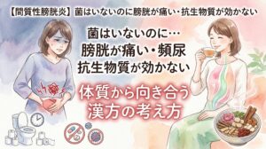 水彩画タッチのイラスト。左側には下腹部に強い痛みを感じている女性、トイレ、そしてバイ菌にバツ印がついたアイコン（菌がいないことの暗示）が描かれています。右側には、漢方のお茶を飲み、体内が温かく整っていくようなイメージの女性と、生薬の器が描かれています。画像には「【間質性膀胱炎】菌はいないのに膀胱が痛い・抗生物質が効かない 繰り返す痛みと頻尿に 体質から向き合う漢方の考え方」という文字が配置されています。