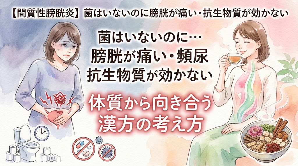 水彩画タッチのイラスト。左側には下腹部に強い痛みを感じている女性、トイレ、そしてバイ菌にバツ印がついたアイコン(菌がいないことの暗示)が描かれています。右側には、漢方のお茶を飲み、体内が温かく整っていくようなイメージの女性と、生薬の器が描かれています。画像には「【間質性膀胱炎】菌はいないのに膀胱が痛い・抗生物質が効かない 繰り返す痛みと頻尿に 体質から向き合う漢方の考え方」という文字が配置されています。