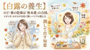 「【白露の養生】のど・鼻の乾燥は『秋本番』の合図」をテーマにした水彩画風のサムネイル画像。左側はひび割れた大地を背景に、のどのイガイガや鼻のカサカサといった乾燥肌に悩む女性。右側は加湿器や漢方茶、マスクなどを活用して「潤いバリア」を整え、水分のシールドに守られて健やかな笑顔を見せる女性が描かれています。