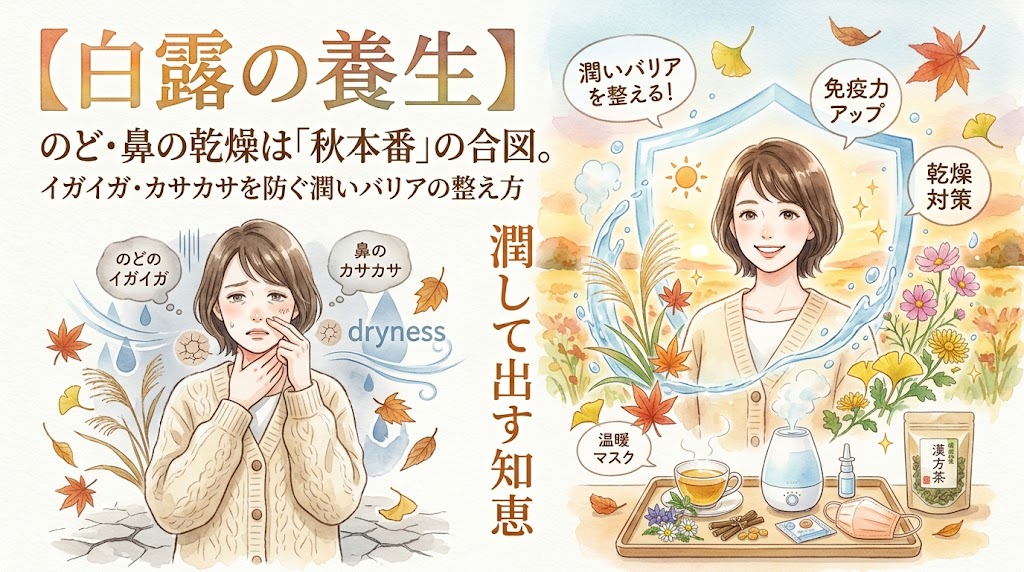 「【白露の養生】のど・鼻の乾燥は『秋本番』の合図」をテーマにした水彩画風のサムネイル画像。左側はひび割れた大地を背景に、のどのイガイガや鼻のカサカサといった乾燥肌に悩む女性。右側は加湿器や漢方茶、マスクなどを活用して「潤いバリア」を整え、水分のシールドに守られて健やかな笑顔を見せる女性が描かれています。