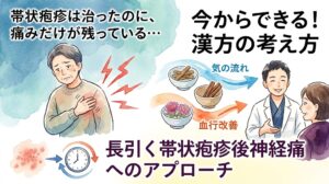帯状疱疹後神経痛への漢方アプローチを解説する動画のサムネイル画像。左側には、胸の周りに赤い稲妻のような痛みを抱え、辛そうな表情をする男性のイラスト。その下には、時間の経過を示す時計と発疹の図解があります。右側には、笑顔で相談に乗る医師と女性患者の姿があり、中央には漢方の生薬（桂皮や花など）のイラストとともに「気の流れ」「血行改善」という矢印が描かれています。画像内には「帯状疱疹は治ったのに、痛みだけが残っている…」「今からできる！漢方の考え方」「長引く帯状疱疹後神経痛へのアプローチ」というテキストが配置されており、全体が温かみのある水彩画タッチで描かれています。
