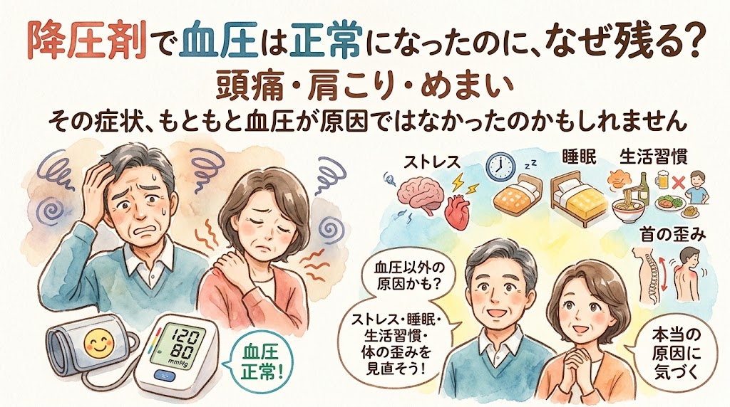 血圧が正常になった後の不調(頭痛・肩こり・めまい)について解説する動画のサムネイル画像。左側には「120/80」と正常値を示す血圧計と、頭痛で頭を抱える男性、肩こりでつらそうな女性のイラストがあります。右側には笑顔の男女(医師と患者)が描かれ、その間に「血圧以外の原因かも?」として、ストレス、睡眠不足、生活習慣の乱れ、体の歪みを示す図解が配置されています。上部に「降圧剤で血圧は正常になったのに、なぜ残る?頭痛・肩こり・めまい その症状、もともと血圧が原因ではなかったのかもしれません」というテキストが配置された水彩画風の画像です。