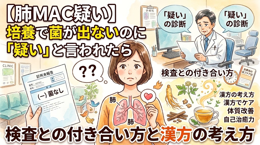 「【肺MAC疑い】培養で菌が出ないのに『疑い』と言われたら」「検査との付き合い方と漢方の考え方」というテキストとともに、中央で胸（肺）に手を当てて「？？」と戸惑う女性が描かれています。左側には「（ー）菌なし」と書かれた検査報告書、右上には「『疑い』の診断」を伝える医師、右下には生薬や漢方茶、体質改善のケアを象徴するノートやアイテムが散りばめられた水彩画風のサムネイル画像。