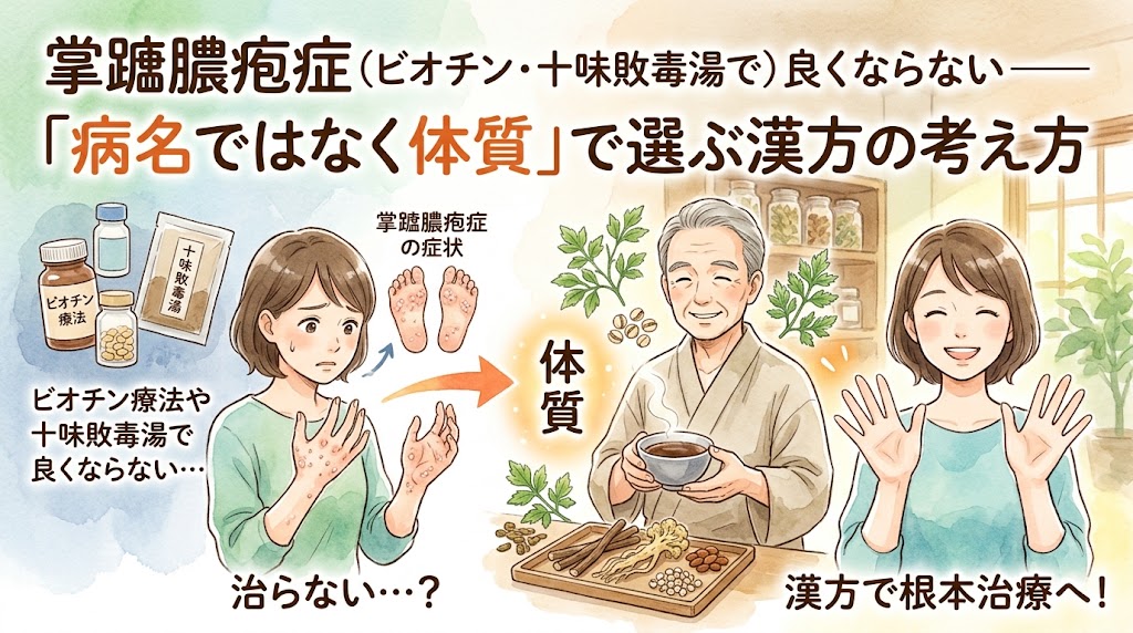 「掌蹠膿疱症(ビオチン・十味敗毒湯で)良くならない——『病名ではなく体質』で選ぶ漢方の考え方」というテキストとともに、ビオチンの瓶や漢方エキスの横で手の症状に悩む女性、体質に合わせて生薬を調合し煎じ薬を持つ和装の男性、そして漢方で根本治療へと向かい、笑顔で綺麗な手のひらを見せる女性が描かれた水彩画風のサムネイル画像。