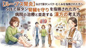「【ループス腎炎】SLEで尿タンパク・むくみを指摘された方へ 病院の治療と並走する漢方の考え方」というテキストとともに、ベッドに座り足のむくみに悩む女性、医師と患者が並んで歩く様子、腎臓が守られているイメージイラスト、そして煎じ薬を差し出す笑顔の女性漢方家が描かれた水彩画風のサムネイル画像。
