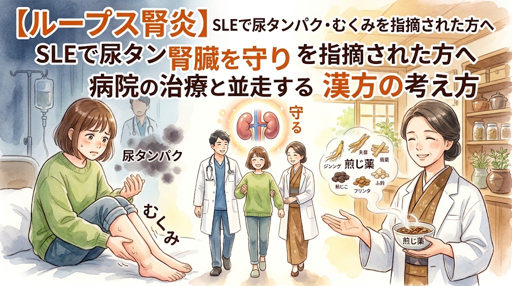 「【ループス腎炎】SLEで尿タンパク・むくみを指摘された方へ 病院の治療と並走する漢方の考え方」というテキストとともに、ベッドに座り足のむくみに悩む女性、医師と患者が並んで歩く様子、腎臓が守られているイメージイラスト、そして煎じ薬を差し出す笑顔の女性漢方家が描かれた水彩画風のサムネイル画像。