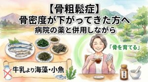 水彩画タッチのイラスト。左側には牛乳瓶にバツ印がつけられ、代わりに小魚や海藻類(昆布やわかめ)の食養生が推奨されるイラストが描かれています。右側には、病院の薬と漢方のお茶を両方手に持ち、笑顔でリラックスしているシニア女性が描かれています。画像には「【骨粗鬆症】骨密度が下がってきた方へ 病院の薬と併用しながら 『骨を育てる』牛乳より海藻・小魚 漢方の考え方」という文字が配置されています。