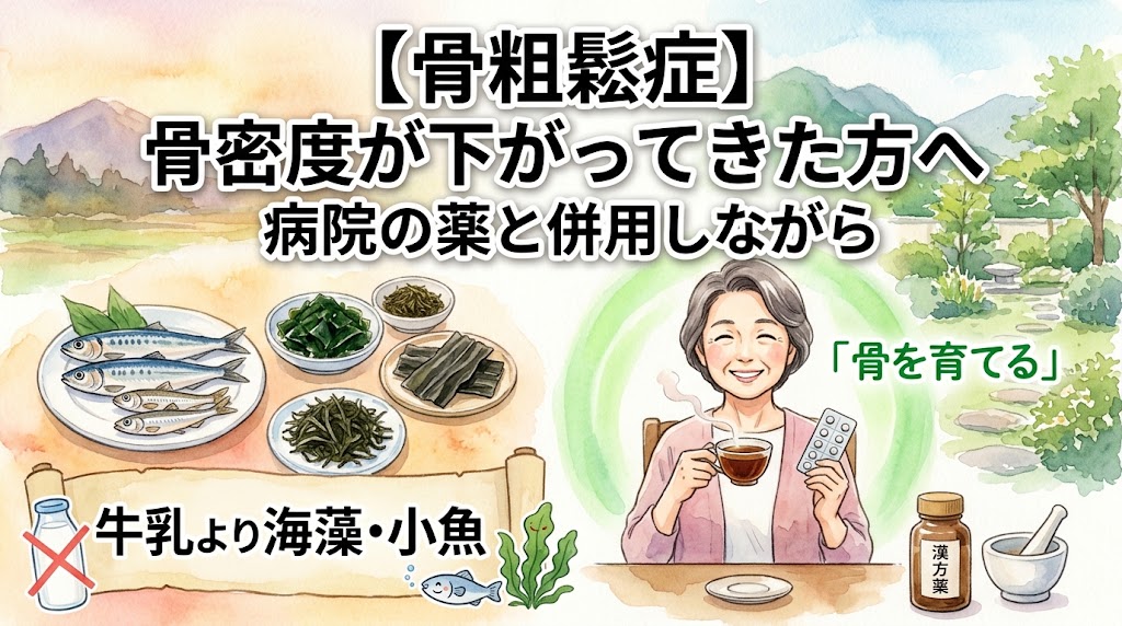 水彩画タッチのイラスト。左側には牛乳瓶にバツ印がつけられ、代わりに小魚や海藻類(昆布やわかめ)の食養生が推奨されるイラストが描かれています。右側には、病院の薬と漢方のお茶を両方手に持ち、笑顔でリラックスしているシニア女性が描かれています。画像には「【骨粗鬆症】骨密度が下がってきた方へ 病院の薬と併用しながら 『骨を育てる』牛乳より海藻・小魚 漢方の考え方」という文字が配置されています。