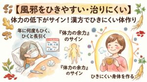 水彩画風のサムネイル画像。左側にマスクをして布団に寝込み熱を測っている疲れた女性と「年に何度もひく、ひくと長引く」というテキスト。中央に「『体力の余力』のサイン」というテキスト。右側に漢方茶を飲んで元気に笑顔で立つ女性と、生薬、ウイルスを弾くバリアのイラスト。上部に「【風邪をひきやすい・治りにくい】体力低下がサイン！漢方でひきにくい体作り」と書かれている。