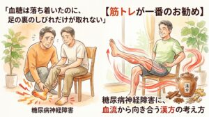 糖尿病神経障害による足のしびれ対策を解説する動画のサムネイル画像。左側には椅子に座り、足の裏のしびれを痛そうにさすっている男性のイラスト。右側には同じ男性が笑顔で椅子に深く座り、足をピンと上げて筋トレをしている様子が描かれ、足全体に血流が巡るような赤いエフェクトがかかっています。右下には漢方薬の壺と生薬のイラスト。「血糖は落ち着いたのに、足の裏のしびれだけが取れない」「【筋トレが一番のお勧め】」「糖尿病神経障害に、血流から向き合う漢方の考え方」というテキストが配置された水彩画風の画像です。