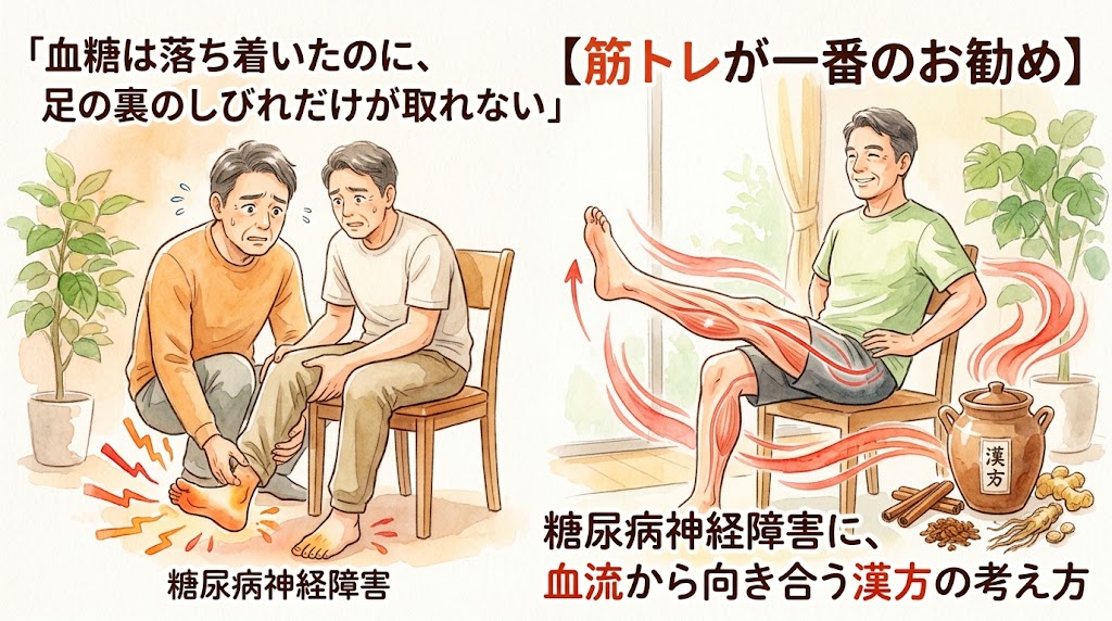 糖尿病神経障害による足のしびれ対策を解説する動画のサムネイル画像。左側には椅子に座り、足の裏のしびれを痛そうにさすっている男性のイラスト。右側には同じ男性が笑顔で椅子に深く座り、足をピンと上げて筋トレをしている様子が描かれ、足全体に血流が巡るような赤いエフェクトがかかっています。右下には漢方薬の壺と生薬のイラスト。「血糖は落ち着いたのに、足の裏のしびれだけが取れない」「【筋トレが一番のお勧め】」「糖尿病神経障害に、血流から向き合う漢方の考え方」というテキストが配置された水彩画風の画像です。