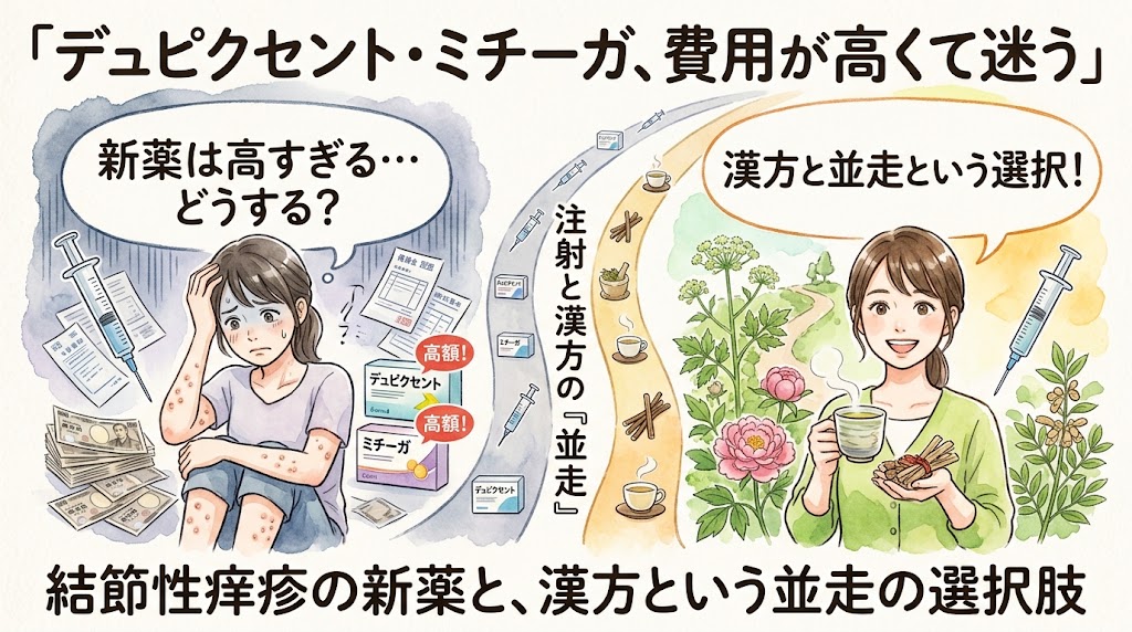 「デュピクセント・ミチーガ、費用が高くて迷う」「結節性痒疹の新薬と、漢方という並走の選択肢」「新薬は高すぎる…どうする？」「注射と漢方の『並走』」というテキストとともに、左側にはお札や高額な新薬の箱に囲まれて肌の症状と費用の負担に悩む女性、右側には生薬や漢方茶を手に持ち笑顔を見せる女性が対比して描かれています。注射と漢方薬の両方を組み合わせる選択肢を表現した水彩画風のサムネイル画像。