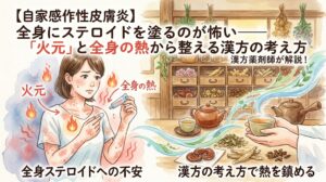 「【自家感作性皮膚炎】全身にステロイドを塗るのが怖い——『火元』と全身の熱から整える漢方の考え方」というタイトル文字。皮膚の赤みと熱に悩みステロイドを手に持つ女性と、漢方薬局の薬箪笥を背景に温かいお茶を持つ手や生薬が、水彩画風のタッチで描かれています。