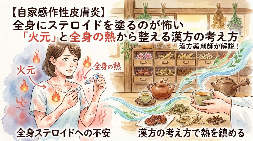 「【自家感作性皮膚炎】全身にステロイドを塗るのが怖い——『火元』と全身の熱から整える漢方の考え方」というタイトル文字。皮膚の赤みと熱に悩みステロイドを手に持つ女性と、漢方薬局の薬箪笥を背景に温かいお茶を持つ手や生薬が、水彩画風のタッチで描かれています。
