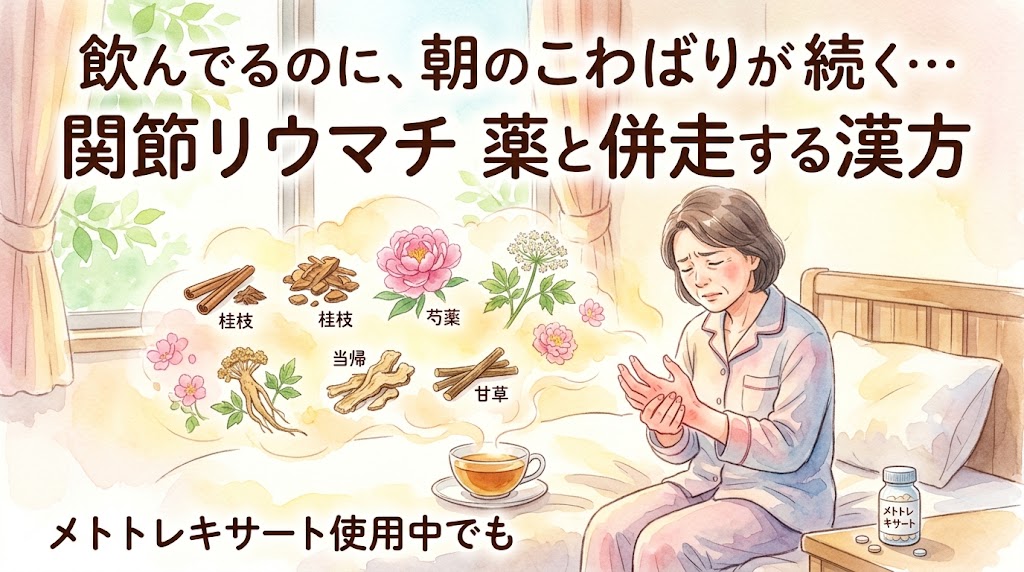 「飲んでるのに、朝のこわばりが続く…関節リウマチ薬と併走する漢方（メトトレキサート使用中でも）」のサムネイル画像。朝、ベッドで手のこわばりや痛みを感じている女性と、薬の瓶、温かいお茶、漢方生薬が水彩画で描かれています。