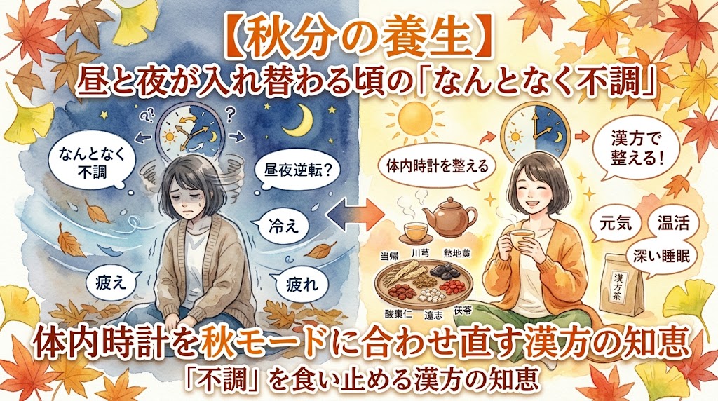 「【秋分の養生】昼と夜が入れ替わる頃の『なんとなく不調』」をテーマにした水彩画風のサムネイル画像。左側は昼夜のバランスが乱れ、疲れや冷えなどの不調でうつむく女性。右側は当帰、熟地黄、酸棗仁（さんそうにん）などの生薬や漢方茶を取り入れ、体内時計が整って元気に微笑む女性が対比構造で描かれています。