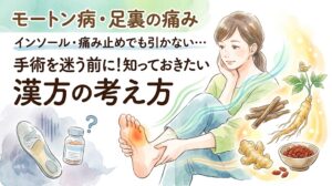 「モートン病・足裏の痛み インソール・痛み止めでも引かない… 手術を迷う前に!知っておきたい漢方の考え方」というタイトル文字。足の裏を押さえて悩む女性と、インソール、痛み止めの薬瓶、高麗人参などの漢方生薬が水彩画風の優しいタッチで描かれています。