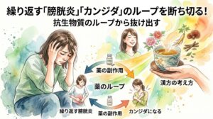 「繰り返す『膀胱炎』『カンジダ』のループを断ち切る!抗生物質のループから抜け出す」というタイトル文字。頭を抱えて悩む女性と、薬の副作用による悪循環を示す図解に対し、笑顔で漢方薬を飲む女性と生薬が水彩画風の優しいタッチで描かれています。