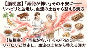 水彩画タッチのイラスト。中央で笑顔の理学療法士が、平行棒を使って歩行リハビリをするシニア女性を優しくサポートしています。その周囲には高麗人参などの漢方生薬が配置され、画面全体を血流の改善を象徴する温かな赤色の波線が包み込んでいます。画像には「【脳梗塞】『再発が怖い』その不安に——リハビリと並走し、血流の土台から整える漢方」という文字が書かれています。