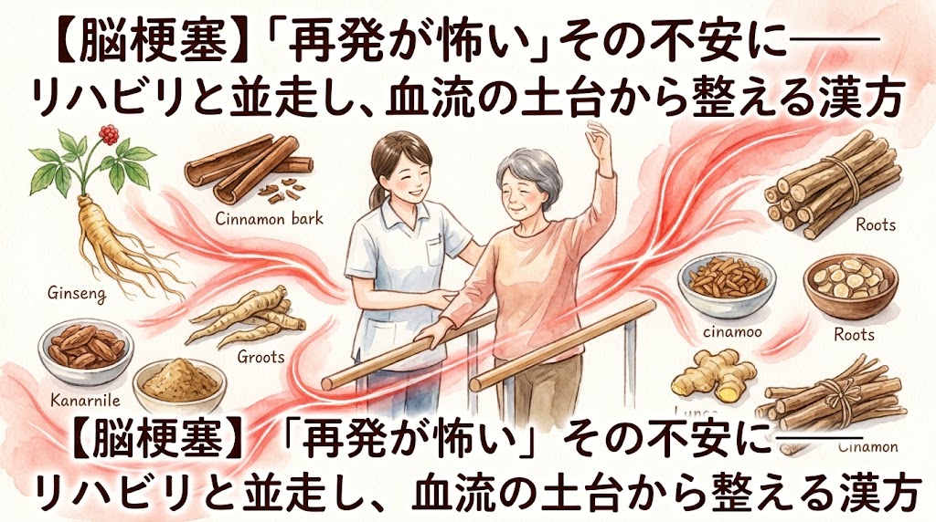 水彩画タッチのイラスト。中央で笑顔の理学療法士が、平行棒を使って歩行リハビリをするシニア女性を優しくサポートしています。その周囲には高麗人参などの漢方生薬が配置され、画面全体を血流の改善を象徴する温かな赤色の波線が包み込んでいます。画像には「【脳梗塞】『再発が怖い』その不安に——リハビリと並走し、血流の土台から整える漢方」という文字が書かれています。