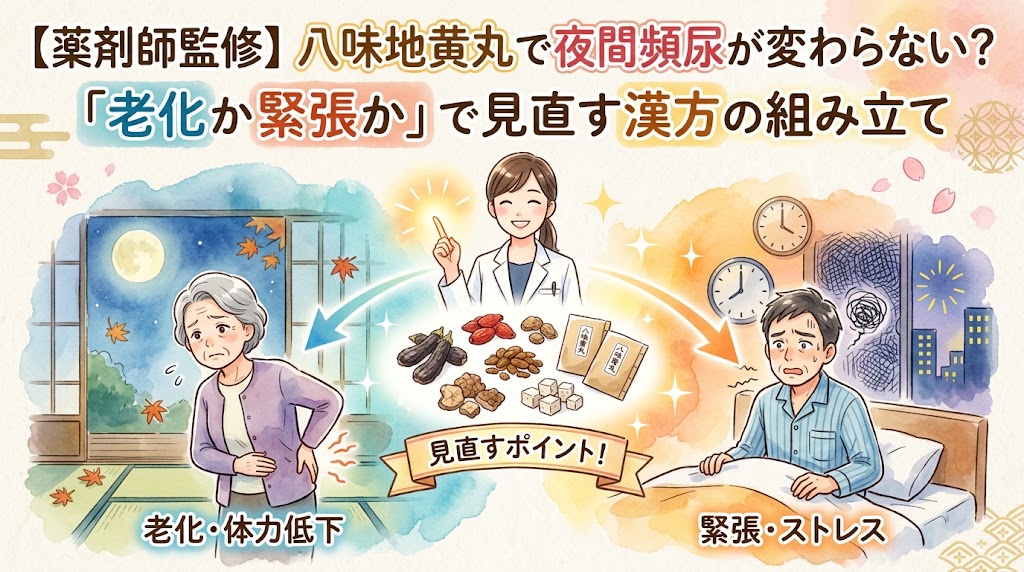 温かみのある水彩画風のイラストで構成されています。 上部にはタイトル「【薬剤師監修】 八味地黄丸で夜間頻尿が変わらない?」と、中央に大きくキャッチコピー「「老化か緊張か」で見直す漢方の組み立て」と書かれています。 中央上には、笑顔でアドバイスする女性薬剤師がおり、その前には八味地黄丸の生薬(地黄、山茱萸、山薬、沢瀉、茯苓、牡丹皮、桂皮、附子)と、顆粒剤のパッケージが並んでいます。その下に「見直すポイント!」という吹き出しがあります。 左側は青い水彩のオーラで囲まれた「老化・体力低下」の状況。高齢女性が和室で腰に手を当ててつらそうにしており、窓の外には夜の満月と紅葉、落ち葉が描かれています。 右側はオレンジ色の水彩のオーラで囲まれた「緊張・ストレス」の状況。若い男性が寝具に座って頭を抱え、困っており、窓の外には夜のビル街、複数の時計、ストレスの渦巻き模様が描かれています。 薬剤師から両側の状況を見直す方法(漢方の組み立て)を提案しているような構図です。左上と右下には和風の装飾(波模様、七宝模様)が施されています。