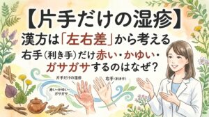 片手だけに現れる湿疹について漢方の「左右差」の視点から解説する動画のサムネイル。白衣の女性薬剤師と、片手だけが赤く荒れている手の対比イラスト、生薬や植物が水彩画で描かれています。