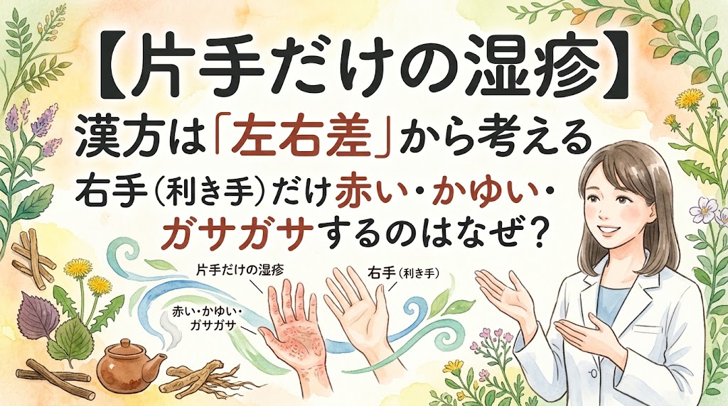 片手だけに現れる湿疹について漢方の「左右差」の視点から解説する動画のサムネイル。白衣の女性薬剤師と、片手だけが赤く荒れている手の対比イラスト、生薬や植物が水彩画で描かれています。