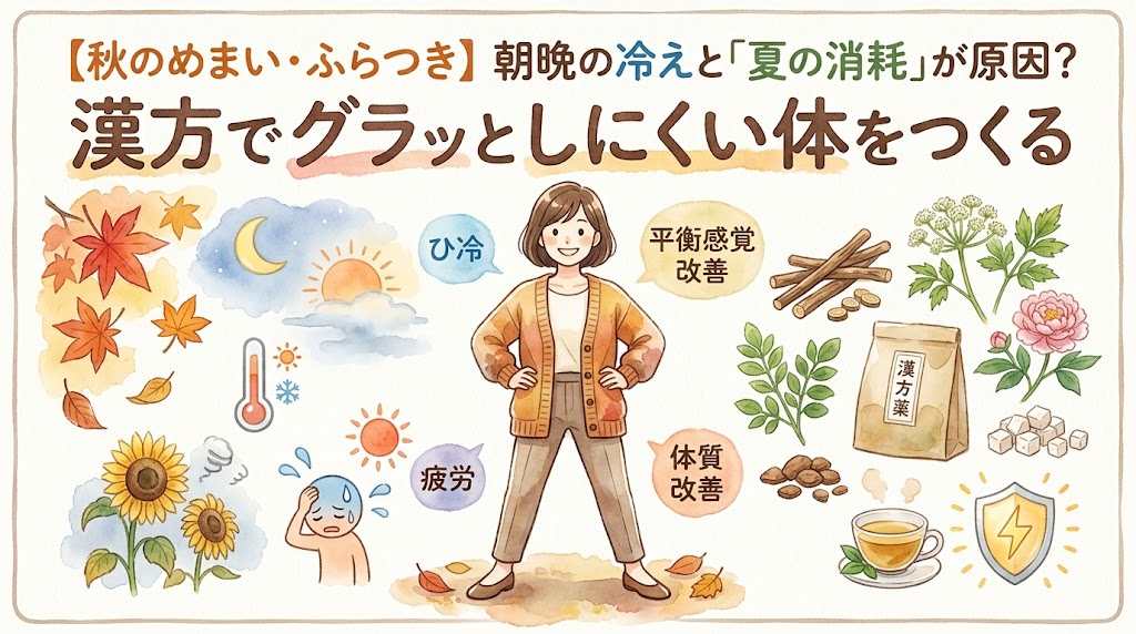 「秋のめまい・ふらつき対策」をテーマにした水彩画風イラストのサムネイル。 上部に「【秋のめまい・ふらつき】 朝晩の冷えと『夏の消耗』が原因? 漢方でグラッとしにくい体をつくる」という大きなテキスト。 中央には笑顔で腰に手を当てて立つ、オレンジのカーディガンを着た女性のイラスト。 女性の左側には、楓の葉、温度計、月と太陽、向日葵、汗をかいて疲れた人のイラストと、「ひ冷」「疲労」の吹き出し。 女性の右側には、生薬のハーブや木片、漢方薬の紙袋、漢方茶、シールドマークのイラストと、「平衡感覚改善」「体質改善」の吹き出し。