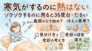 水彩画風のサムネイル画像。上部に「寒気がするのに熱はない ゾクゾクするのに測ると36度台・だるい」と書かれている。左側には、ベッドで毛布にくるまり寒がっている女性と36.5度を示す体温計、「風邪のひき始め?」の文字がある。右側には温かい飲み物や湯たんぽのイラストと「冷えの悪寒?」という文字が並ぶ。下部には「見分け方と受診の目安」「受診の考え方」「漢方」というテーマに沿って、病院、医師、生薬のイラストが描かれている。