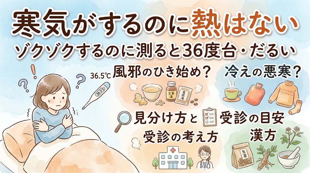 水彩画風のサムネイル画像。上部に「寒気がするのに熱はない ゾクゾクするのに測ると36度台・だるい」と書かれている。左側には、ベッドで毛布にくるまり寒がっている女性と36.5度を示す体温計、「風邪のひき始め?」の文字がある。右側には温かい飲み物や湯たんぽのイラストと「冷えの悪寒?」という文字が並ぶ。下部には「見分け方と受診の目安」「受診の考え方」「漢方」というテーマに沿って、病院、医師、生薬のイラストが描かれている。