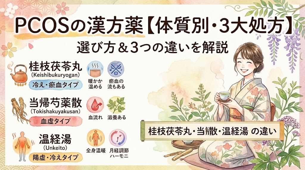PCOSに使う3つの漢方薬（桂枝茯苓丸、当帰芍薬散、温経湯）の体質別の選び方と違いを解説するサムネイル。着物の女性と各漢方薬の特徴が水彩画で描かれています。