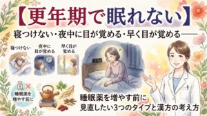 更年期の睡眠トラブルについて解説する動画のサムネイル。深夜にベッドで悩む女性、3つの不眠タイプを示すアイコン、白衣の薬剤師が水彩画で描かれている。