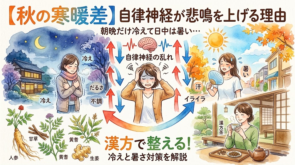 水彩画風のサムネイル画像。秋の寒暖差による自律神経の乱れをテーマにしており、朝晩の冷えと日中の暑さで不調を感じる女性の様子と、漢方薬（生薬）や漢方茶で体調を整える解決策が描かれています。上部には「【秋の寒暖差】自律神経が悲鳴を上げる理由」というタイトルがあります。