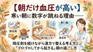 朝だけ血圧が高くなる理由と対策を解説するサムネイル。ベッドで過ごす女性、血圧計、降圧剤や漢方のイラスト、白衣の薬剤師が水彩画で描かれている。