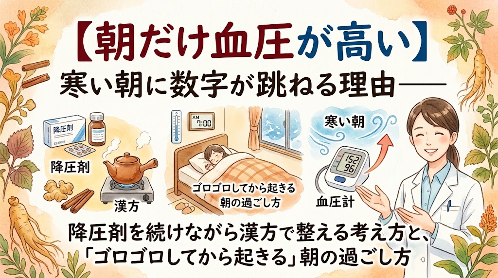 朝だけ血圧が高くなる理由と対策を解説するサムネイル。ベッドで過ごす女性、血圧計、降圧剤や漢方のイラスト、白衣の薬剤師が水彩画で描かれている。